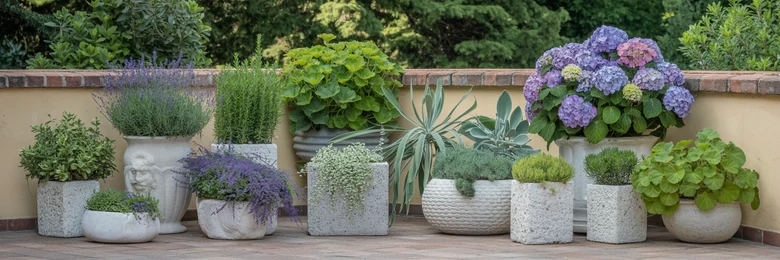 Mrazuvzdorné rostliny v truhlících na terase s kvetoucími hydrangeami.