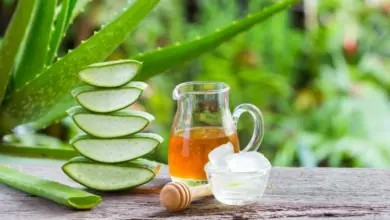 Čerstvé nakrájené listy aloe vera vedle sklenice medu.