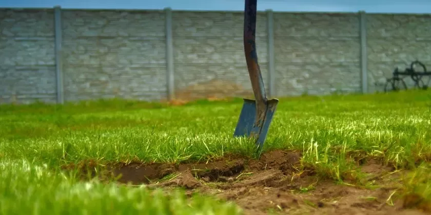 Špachtle v zelené trávě u odhaleného půdního povrchu.