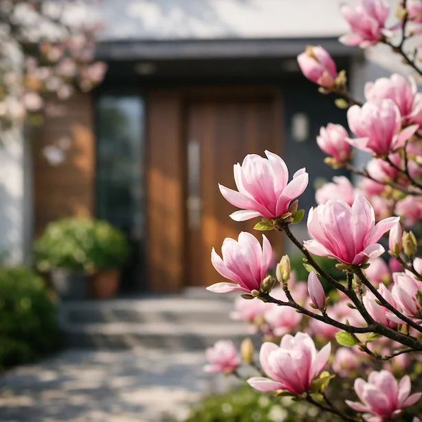 Růžové květy magnolie Soulangeana rostoucí na větvi před domem.