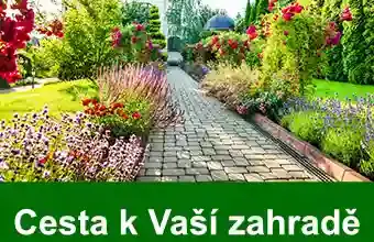 Kamenná cesta vede přes kvetoucí zahradu s různými rostlinami.