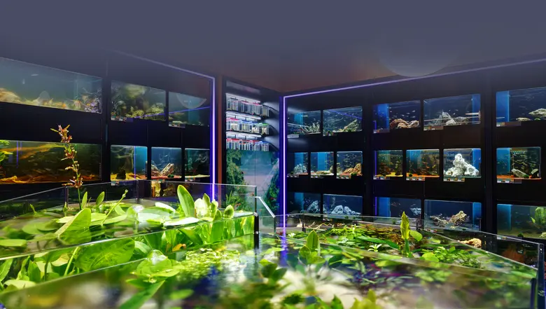 Akvarium s rostlinami v popředí a ryby na pozadí.