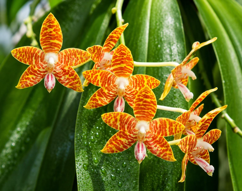 Oranžové skvrnité květy pokojových orchidejí na zelených listech.