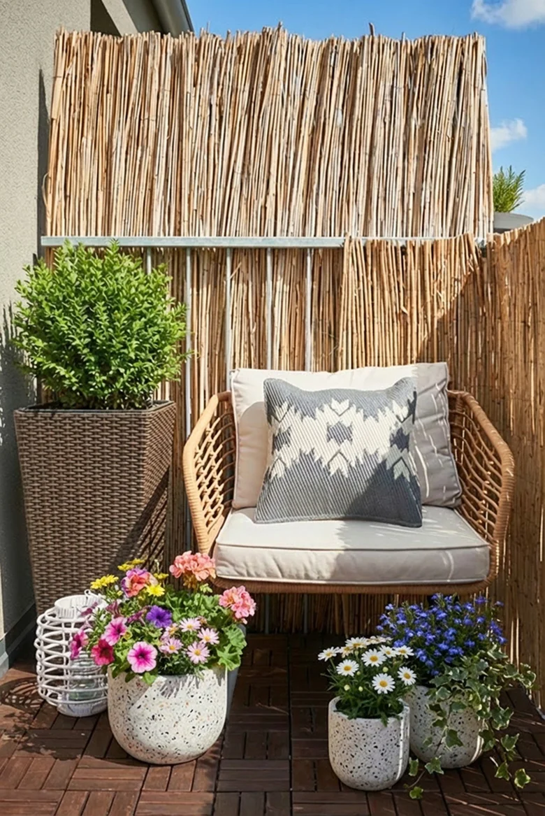 Malý balkon s květinami a pohodlným židlí v přírodním stylu.